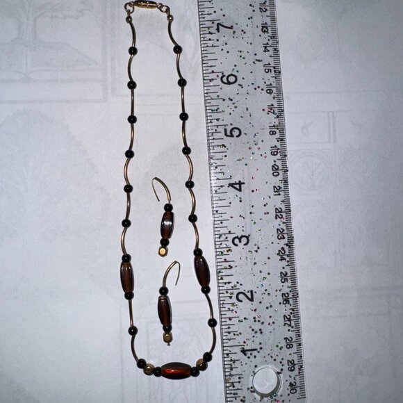 15 1/2" Beaded Gold, Black and Bronze Necklace and Earring Set - Picture 5 of 13